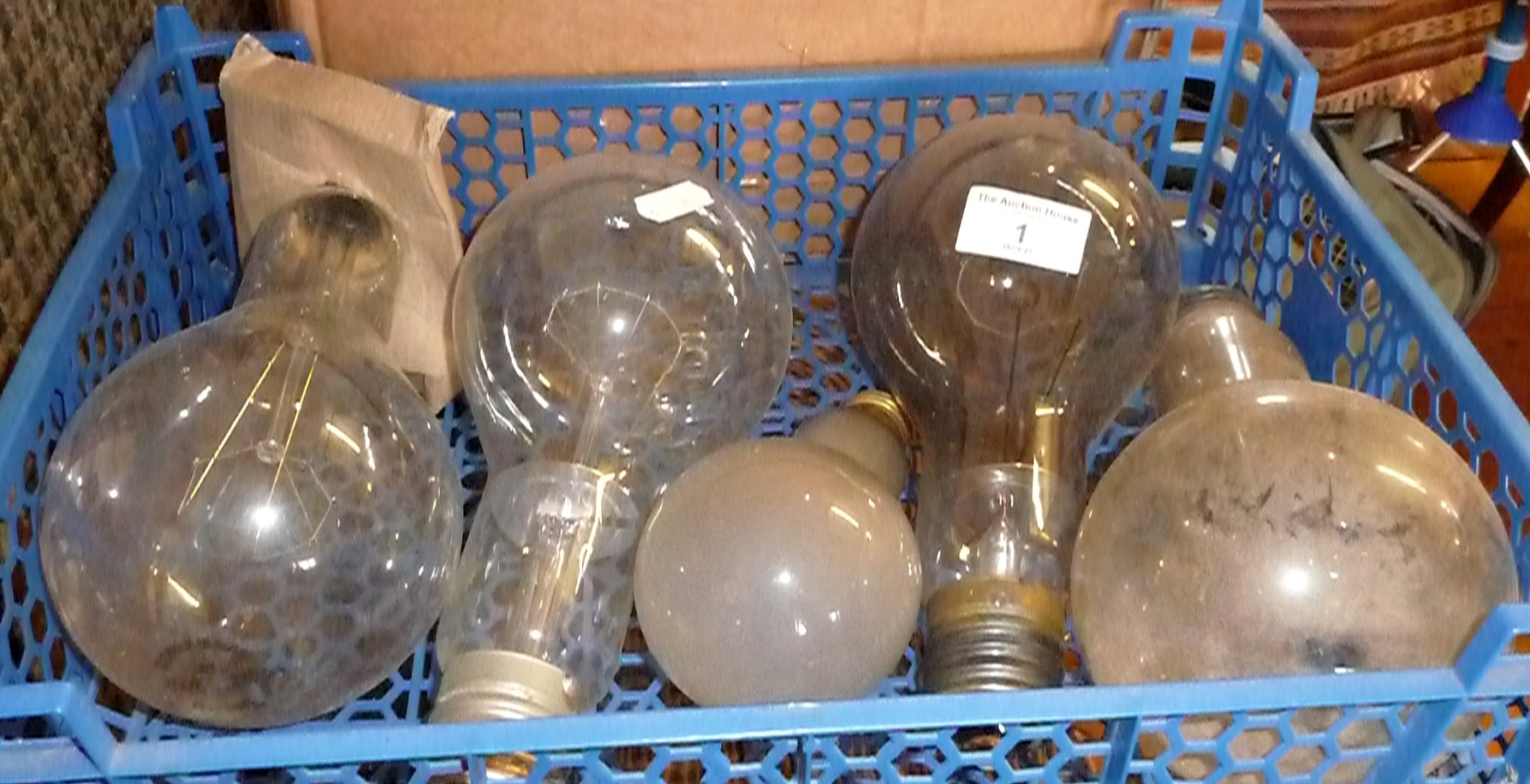 Five old large electric light bulbs, screw fittings