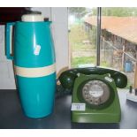 1970s green telephone and a mid-century Vacco vaccum jug