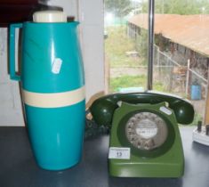 1970s green telephone and a mid-century Vacco vaccum jug