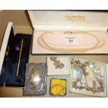 Vintage costume jewellery, diamante necklace, Pompadour Pearls in box, silver chain bracelet,