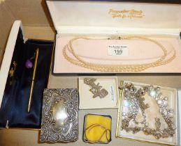 Vintage costume jewellery, diamante necklace, Pompadour Pearls in box, silver chain bracelet,