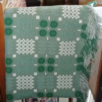 Large vintage Welsh wool green and cream woven blanket 13' x 15'