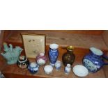 Three ginger jars and other pottery (one shelf)