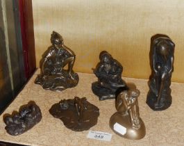 Six various bronzed figurines inc. John Letts resin classical lady