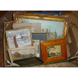 Box of framed paintings and prints