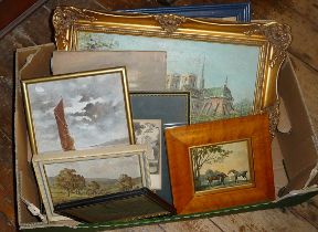 Box of framed paintings and prints