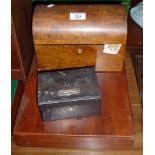 19th c. walnut dome topped tea caddy box, two other boxes and a collection of Kensitas silk flowers