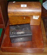 19th c. walnut dome topped tea caddy box, two other boxes and a collection of Kensitas silk flowers