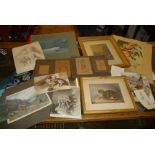 Collection of assorted original works on paper, inc. 19th c. pencil drawing, four caricatures in ink