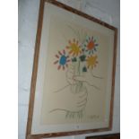 Colour lithograph by Picasso of two hands with flowers, his Bouquet of Peace, 29" x 23" inc. frame