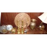 Two pairs of brass candlesticks, brass column table lamp and other brassware