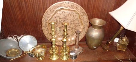 Two pairs of brass candlesticks, brass column table lamp and other brassware