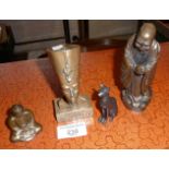 Small bronze of an Egyptian cat and three other bronzed figurines