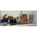 Miscellaneous items, inc. brass eagle, glass photo frame, sovereign scales, etc. (one shelf)