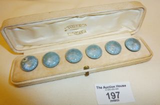 Vintage J. Tostrup of Norway set of 6 guilloche enamel silver buttons in case (one has chip to