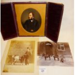 Finely painted portrait miniature of a gentleman (cased). Together with two Victorian photos of