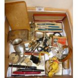 Box of interesting items, inc. pens, watches, whistles, etc.