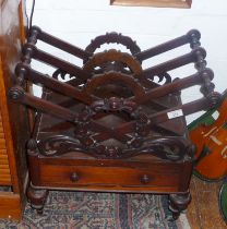 Regency carved rosewood 'X' frame Canterbury with 4 divisions and single drawer, 22" wide