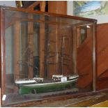 Victorian cased painted wood sailing ship model, glazed case (with two panes missing), 24" long x