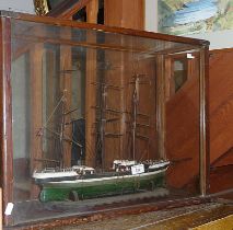 Victorian cased painted wood sailing ship model, glazed case (with two panes missing), 24" long x