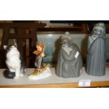 Royal Doulton cat, Hummel skier figure and two Lladro Chinese man figures