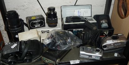 Assorted cameras, lenses and binoculars, inc. Pentax, Olympus and Kodak