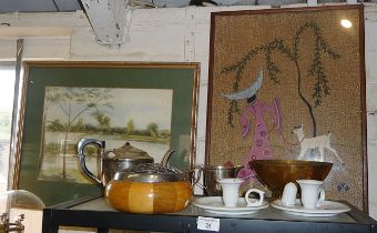 Assorted items, inc. silver plated teaset, two china chambersticks, a watercolour and a woolwork