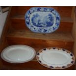 Victorian Wedgwood blue and white transfer meat platter with gravy well and two other meat platters