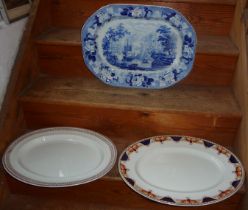 Victorian Wedgwood blue and white transfer meat platter with gravy well and two other meat platters