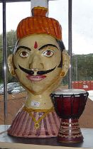 Painted papier mache Indian man bust and an African hand drum