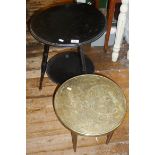 Victorian ebonised two-tier tripod table, together with a brass topped occasional table