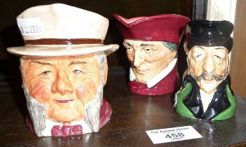 Small Royal Doulton character or toby jug and two others by Silton and Westminster Pottery