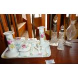 Art Nouveau china dressing table set, cut glass and silver collared scent bottles, etc.