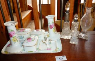 Art Nouveau china dressing table set, cut glass and silver collared scent bottles, etc.