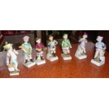 Seven German 19th c. porcelain "months" figurines (A/F), inc. one Meissen