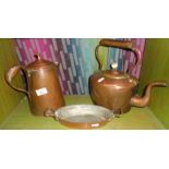 Victorian copper kettle, copper water jug and a similar cooking pan