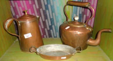 Victorian copper kettle, copper water jug and a similar cooking pan