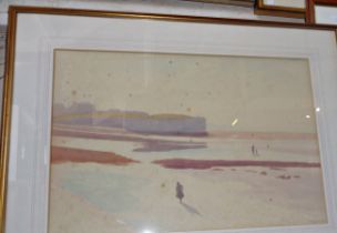 Large watercolour of a beach at low tide with figures, indistinctly signed