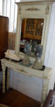 Painted pier mirror with pier table, total overall height approx. 190cm, table 98cm wide x 82.5cm