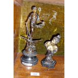 Bronze of lady on marble base, and a Spelter figure of a man with blacksmith's tongs entitled "Le