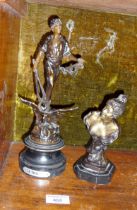 Bronze of lady on marble base, and a Spelter figure of a man with blacksmith's tongs entitled "Le