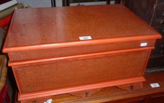 Chinese red lacquered wood casket chest