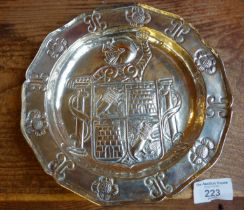 18th or 19th c. hammered continental silver dish with heraldic crest showing a knight brandishing