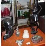 Six items including unusual African carved hardwood figure, a similar bust, a carved stone buddha