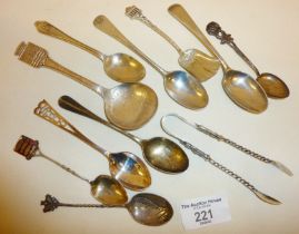 Various 800 and Sterling silver spoons, some antique, with a pair of figural sugar tongs. Combined