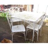 Painted metal Chinoiserie bamboo style square garden table and four matching chairs