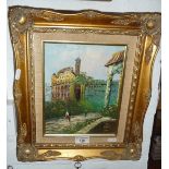 Gilt framed oil on board of a scene in Rome, signed F. Carson, 16" x 14"