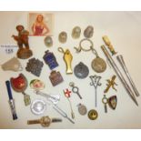 Interesting items, inc. vintage enamel badges, miniature J. Wallis tuning fork, thimbles, etc.