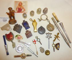 Interesting items, inc. vintage enamel badges, miniature J. Wallis tuning fork, thimbles, etc.