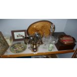 Miscellaneous items, inc. heraldic marquetry tray, painted milk glass vase, silver plate, etc.